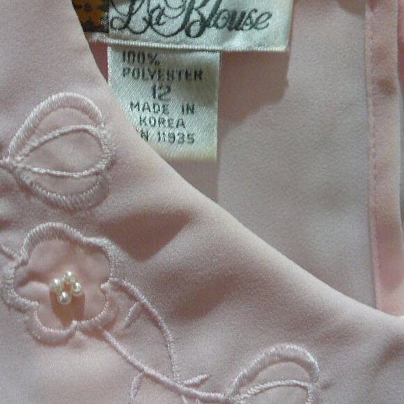 LaBlouse Pleated Long Sleeve Sheer Pink Floral Design Mini White Beads-Size 12 - Picture 6 of 6